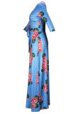 Vestidos estampados em patchwork com estampa azul elegante e decote em V
