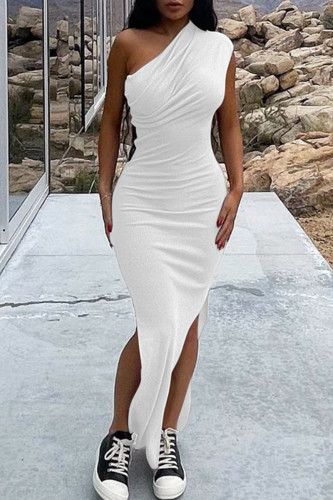 Vestidos longos de gola oblíqua com dobra de abertura alta em retalhos sólidos de rua branca