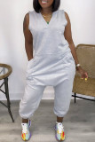 Cream White Casual Solid Patchwork Pocket V Neck Regular Jumpsuits