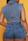Short en jean skinny bleu décontracté uni avec boutons en patchwork taille moyenne
