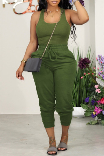Army Green Sexy Casual Solid Basic U Neck Sleeveless Two Pieces
