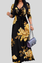 Gele elegante print bandage patchwork V-hals bedrukte jurken