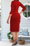 Red Elegant Solid Patchwork Buckle Flounce Slit O Neck Pencil Skirt Dresses