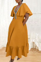 Gelbe Straßen-Patchwork-Kleider mit V-Ausschnitt und Taschen in A-Linie