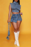Blue Denim Skort  For Women Casual Solid Patchwork Buttons Mid Waist Skinny Denim Shorts