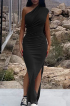 ブラック ストリート ソリッド パッチワーク ハイオープニング フォールド オブリークカラー ロング ドレス
