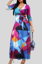 Flerfärgad Elegant Print Bandage Patchwork V-halstryckta klänningar
