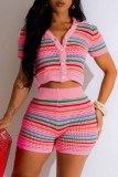 Colour Casual Striped Print Patchwork V Neck Short Sleeve Two Pieces Knit Crop Tops And Shorts Set