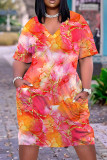 Lila, lässiges, bedrucktes Patchwork-Basic-Kleid mit V-Ausschnitt und kurzen Ärmeln