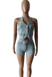 Light Blue Street Solid Ripped Patchwork Pocket Buckle Zipper V Neck Sleeveless Two Pieces Denim Halter Crop Tops And Shorts Set