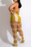 Yellow Sexy Patchwork Bandage Hollowed Out Backless Contrast Halter Sleeveless Two Pieces