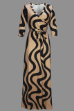 Braune, elegante, bedruckte Bandage-Patchwork-Kleider mit V-Ausschnitt