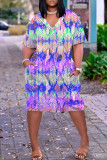 Пурпурное повседневное лоскутное платье с короткими рукавами и V-образным вырезом с принтом