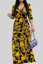 Robes imprimées à col en V en patchwork élégant à imprimé jaune et noir