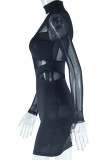 Vestidos de saia enrolados com decote em O preto sólido vazado patchwork transparente