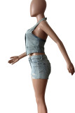 Light Blue Street Solid Ripped Patchwork Pocket Buckle Zipper V Neck Sleeveless Two Pieces