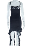 ブラック セクシー ソリッド パッチワーク スパゲッティ ストラップ スリング ドレス