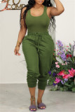 Army Green Sexy Casual Solid Basic U Neck Sleeveless Two Pieces Tank Tops And Pants Set