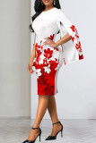 Vestidos de falda lápiz con cuello en O y abertura en patchwork con estampado elegante blanco