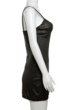 ブラック セクシー ソリッド パッチワーク スパゲッティ ストラップ スリング ドレス