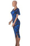Blaue, elegante, bedruckte, lange Kleider mit Patchwork-Schlitz und O-Ausschnitt