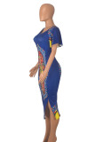Königsblaues, elegantes, bedrucktes, langes Patchwork-Kleid mit Schlitz und O-Ausschnitt