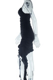 レイクブルーのセクシーなソリッドパッチワークスパゲッティストラップスリングドレス