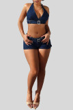 Deep Blue Sexy Solid Patchwork Zipper V Neck Sleeveless Two Pieces Denim Crop Top And Shorts Set