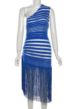 Azul elegante sólido borla patchwork transparente colarinho oblíquo vestidos irregulares