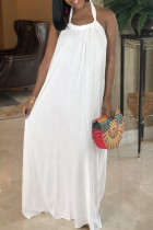 White Sweet Solid Patchwork Fold Halter Long Loose Maxi Dresses