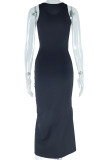 Black Elegant Solid Patchwork Fold O Neck Irregular Dresses