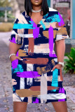 Lila, lässiges, bedrucktes Patchwork-Basic-Kleid mit V-Ausschnitt und kurzen Ärmeln