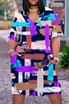 Mehrfarbiges, lässiges, bedrucktes Patchwork-Basic-Kleid mit V-Ausschnitt und kurzen Ärmeln
