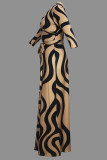 Mörkbrun Elegant tryck bandage Patchwork V-hals tryckta klänningar