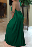 Ink Green Sweet Solid Patchwork Fold Halter Long Loose Maxi Dresses