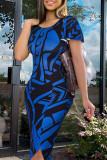 Robes longues à col rond fendues en patchwork imprimé élégant bleu royal