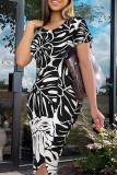 黒と白のエレガントなプリント パッチワーク スリット O ネック ロング ドレス
