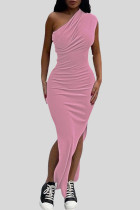 Pink Street – robes longues à col oblique, couleur unie, patchwork, ouverture haute, pliable