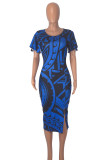 Blue Elegant Print Patchwork Slit O Neck Long Dresses