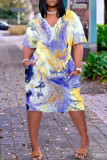 Robe décontractée imprimé patchwork basique col en V manches courtes violet jaune