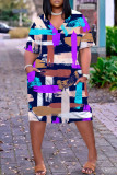 Пурпурное повседневное лоскутное платье с короткими рукавами и V-образным вырезом с принтом