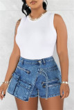 Blue Denim Skort  For Women Casual Solid Patchwork Buttons Mid Waist Skinny Denim Shorts