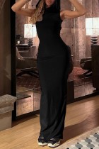 Vestido longo preto sexy casual com fenda sólida e gola com capuz