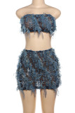 Blue Street Solid Tassel Patchwork Strapless Sleeveless Two Pieces
