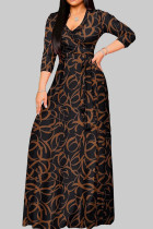Темно-коричневые элегантные бинты с принтом в стиле пэчворк и V-образным вырезом с принтом платья