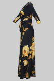 Robes imprimées à col en V en patchwork élégant à imprimé jaune et noir