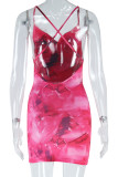レッドのセクシーなプリントパッチワークフォールドホルターラップスカートドレス