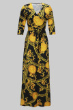 Yellow Black Elegant Print Bandage Patchwork V Neck Printed Dresses
