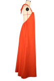 Мандариновое красное сладкое однотонное длинное платье в стиле пэчворк со складками и бретельками на бретельках