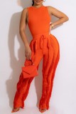 Оранжевый Мода Повседневная Твердая Кисточка Пэчворк О-образный вырез Без рукавов Из двух частей